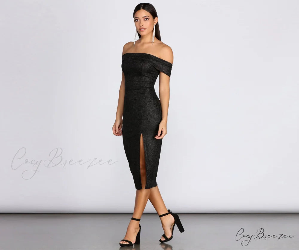 Misty Off Stylish Shoulder Glitter Dress BLACK / S