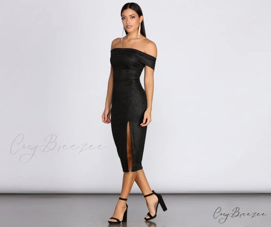 Misty Off Stylish Shoulder Glitter Dress BLACK / S