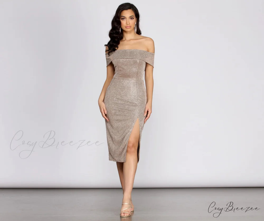 Misty Off Stylish Shoulder Glitter Dress TAUPE / S