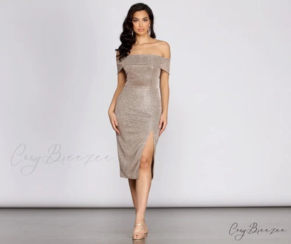 Misty Off Stylish Shoulder Glitter Dress TAUPE / S