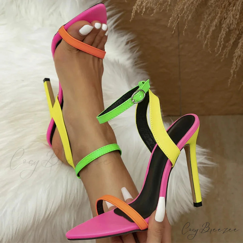 Mixed Colors Women Sexy Stiletto Sandals Leather Pointed Toe Buckle Strap High Heels Summer Party Prom Shoes - Size 42