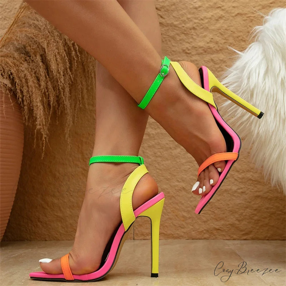 Mixed Colors Women Sexy Stiletto Sandals Leather Pointed Toe Buckle Strap High Heels Summer Party Prom Shoes - Size 42