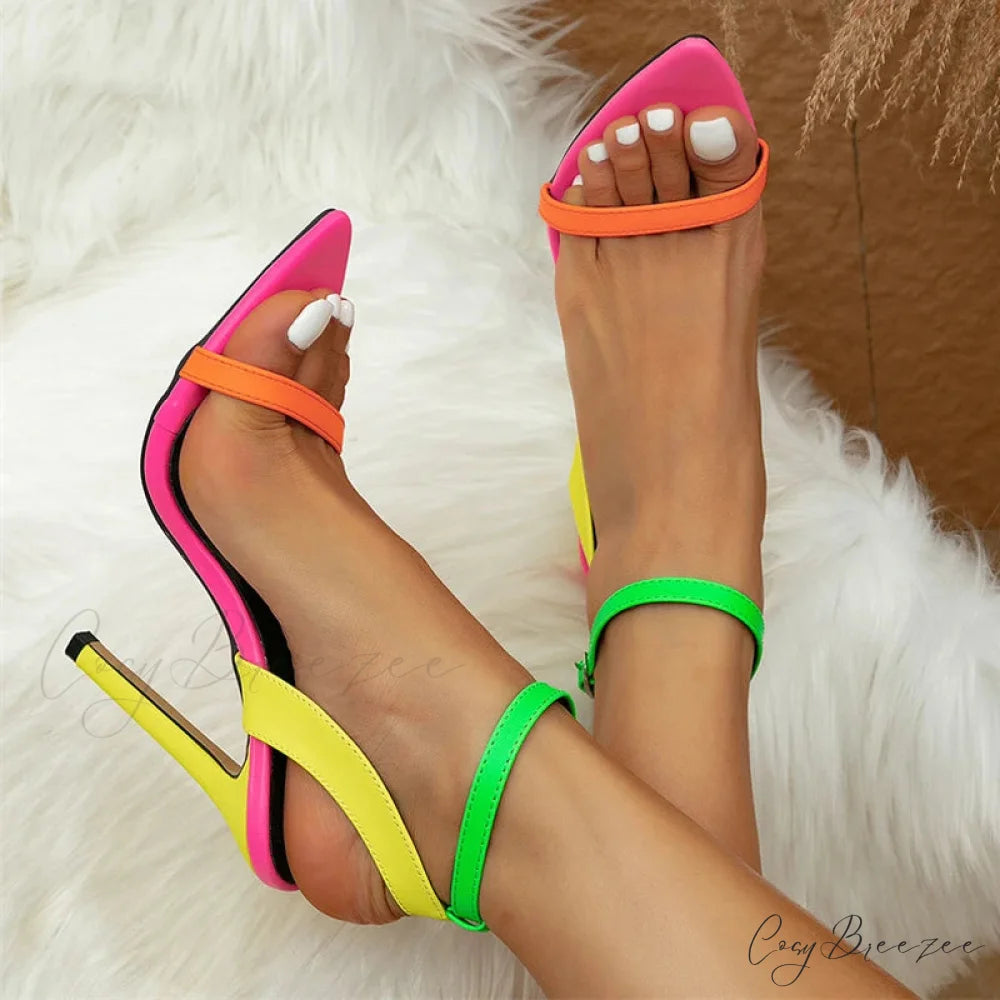 Mixed Colors Women Sexy Stiletto Sandals Leather Pointed Toe Buckle Strap High Heels Summer Party Prom Shoes - Size 42