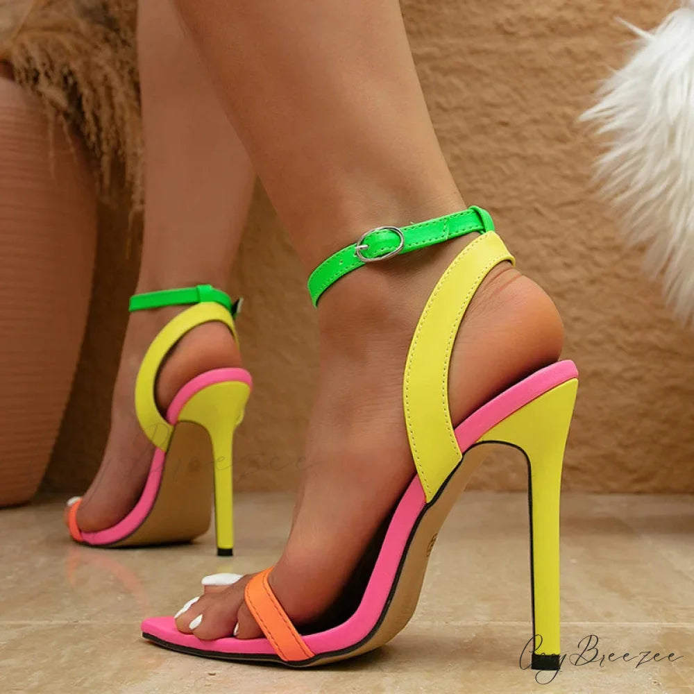 Mixed Colors Women Sexy Stiletto Sandals Leather Pointed Toe Buckle Strap High Heels Summer Party Prom Shoes - Size 42
