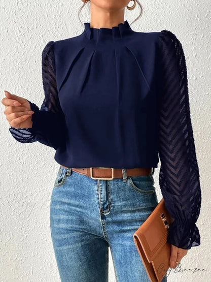 Mock Flounce Blouse Sheer with Arm Neck Navy / S