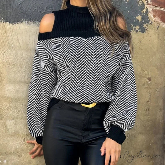 Mock Neck Hollow Out Black Sweater swraters-241228