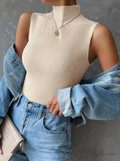 Mock Neck Ribbed Knit Tank Top Apricot / XS