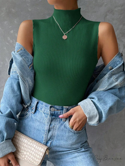 Mock Neck Ribbed Knit Tank Top Dark Green / XS