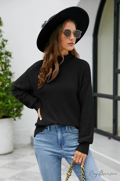 Mock with Dropped and Neck Sweater Arm Long Shoulder Black / S