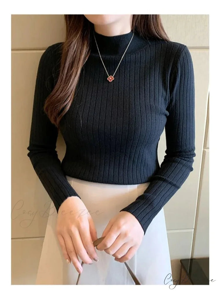 Mockneck Solid Cashmere Pullover Elegant Knit Top BLACK / One Size knittop-250126