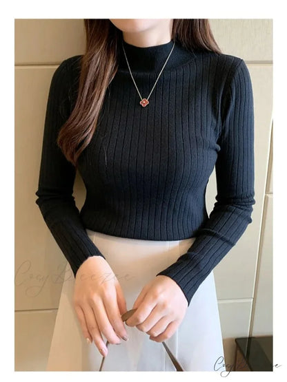 Mockneck Solid Cashmere Pullover Elegant Knit Top BLACK / One Size knittop-250126