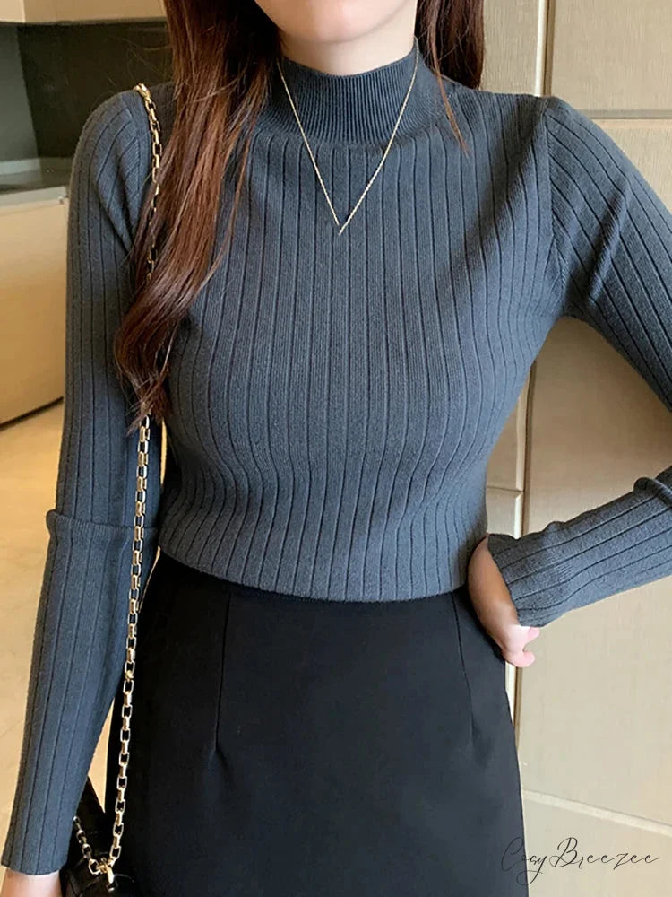 Mockneck Solid Cashmere Pullover Elegant Knit Top BLUE / One Size knittop-250126
