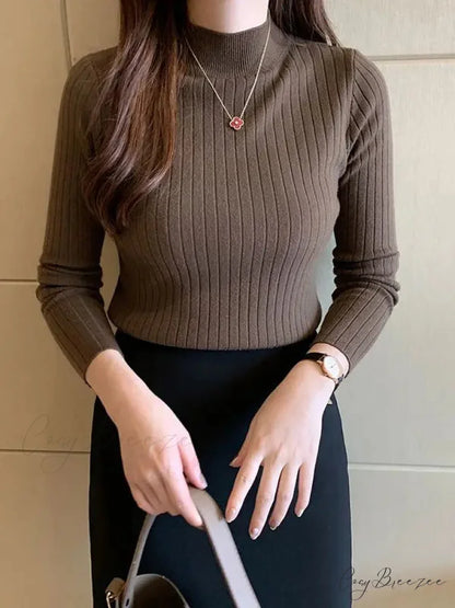 Mockneck Solid Cashmere Pullover Elegant Knit Top COFFEE / One Size knittop-250126