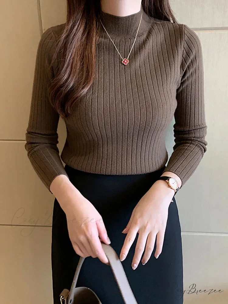 Mockneck Solid Cashmere Pullover Elegant Knit Top knittop-250126