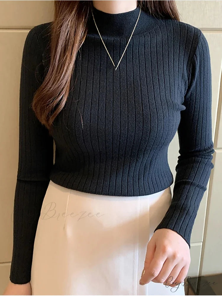 Mockneck Solid Cashmere Pullover Elegant Knit Top knittop-250126
