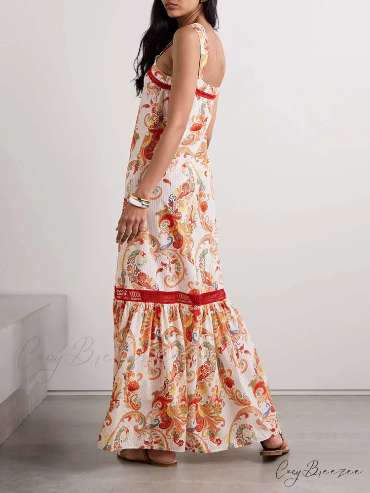 Modern Exquisite Paisley Crochet Graceful Trim Print Maxi Dress