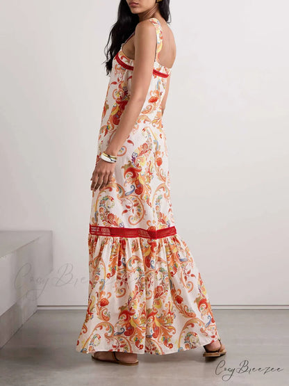 Modern Exquisite Paisley Crochet Graceful Trim Print Maxi Dress