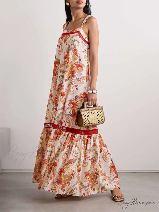 Modern Exquisite Paisley Crochet Graceful Trim Print Maxi Dress Orange / S