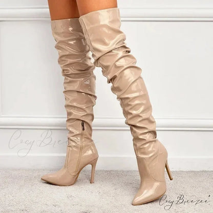 Modern Patent Leather Over-the-knee Boots with Elastic Detail