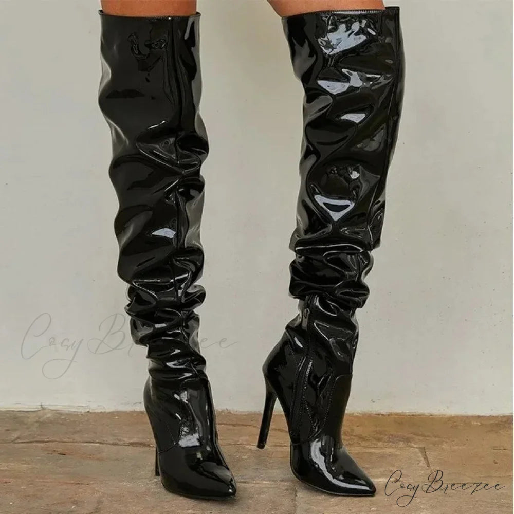 Modern Patent Leather Over-the-knee Boots with Elastic Detail