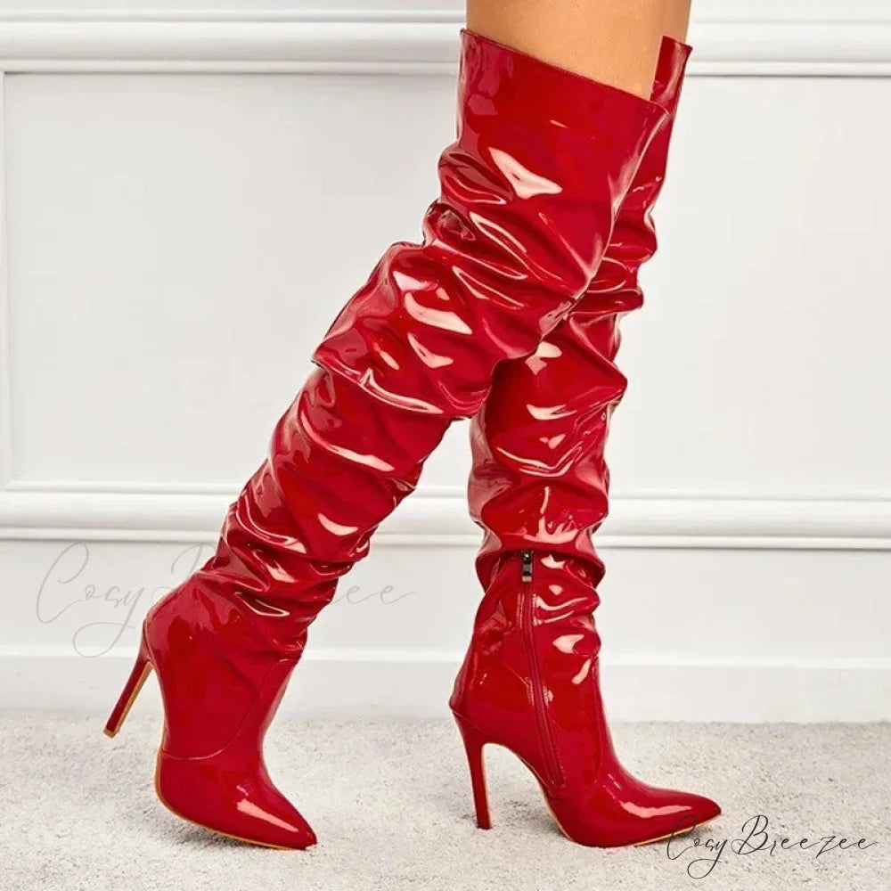Modern Patent Leather Over-the-knee Boots with Elastic Detail