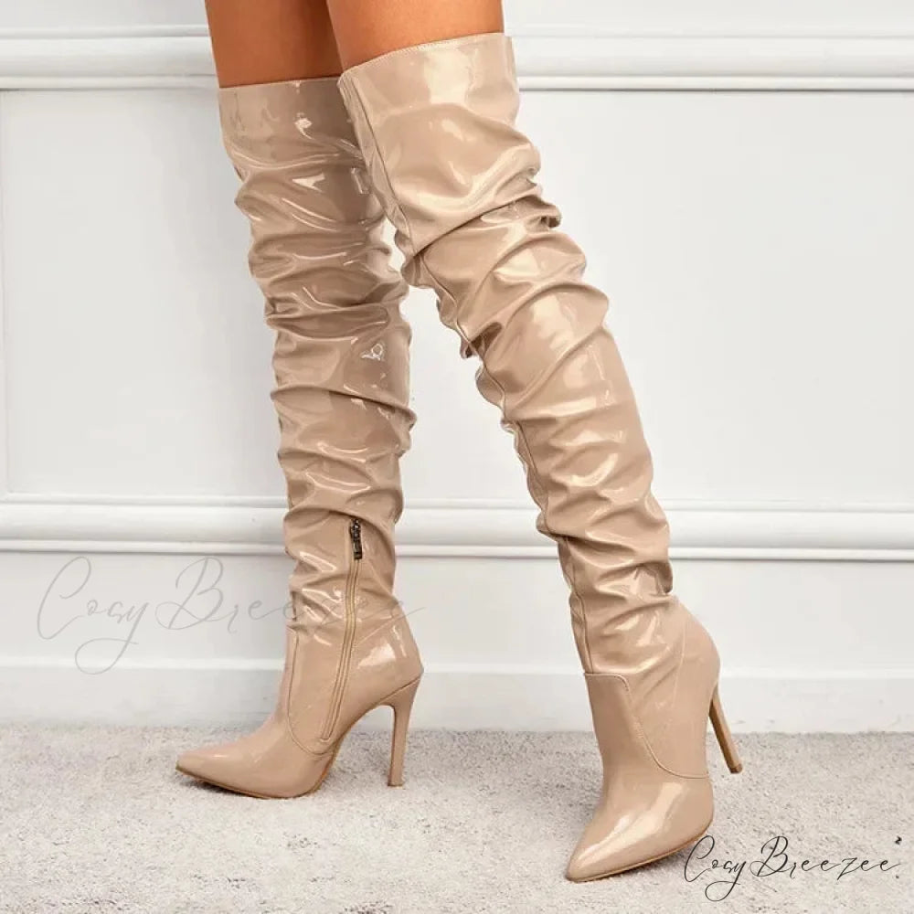 Modern Patent Leather Over-the-knee Boots with Elastic Detail apricot / 35