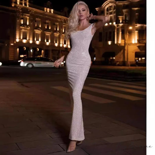 Modern Stretchy Long Dress Open-Back Party Formal Dress off white / XS promdress-250223