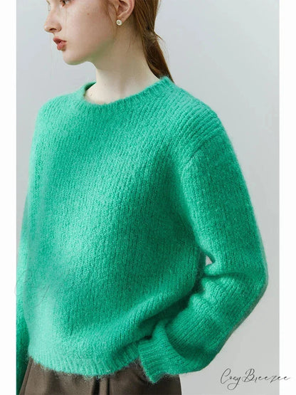 Mohair Loose Style Round Neck Sweater Green / S swraters-241228