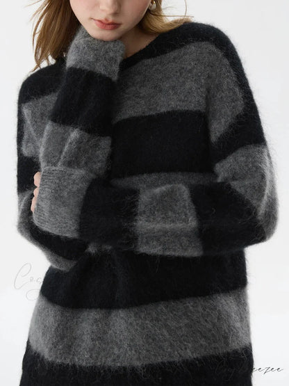 Mohair Retro Striped Loose Sweater Black / XS swraters-241228