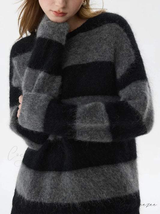 Mohair Retro Striped Loose Sweater Black / XS swraters-241228