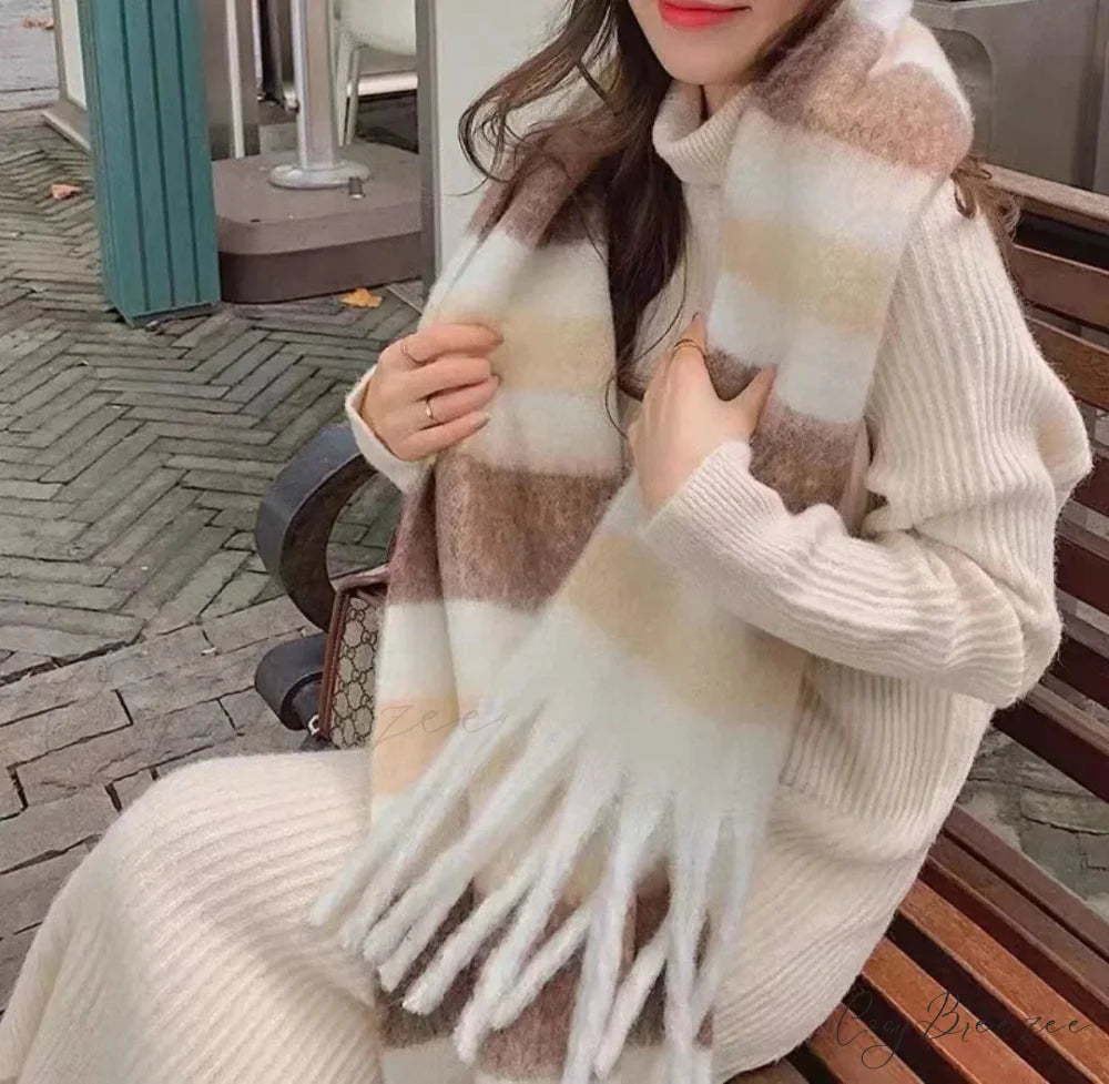 Mohair Winter Scarf - Solid Color Thickened Wool Fringed A style coffee color