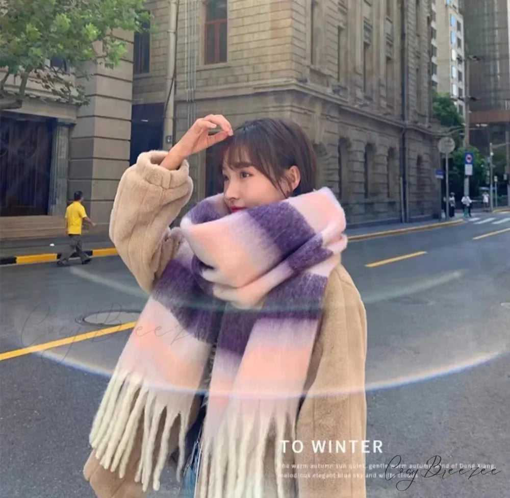 Mohair Winter Scarf - Solid Color Thickened Wool Fringed A style purple
