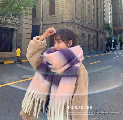 Mohair Winter Scarf - Solid Color Thickened Wool Fringed A style purple
