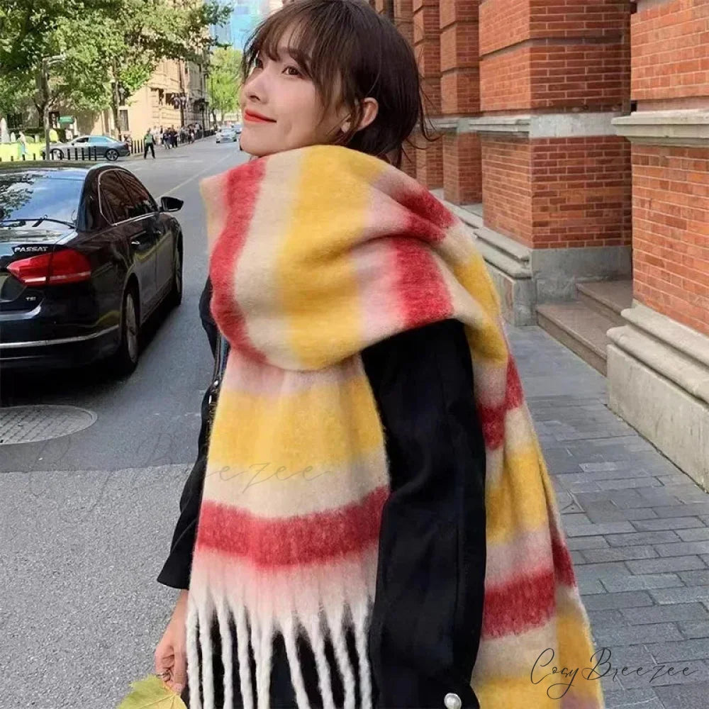 Mohair Winter Scarf - Solid Color Thickened Wool Fringed A style yellow