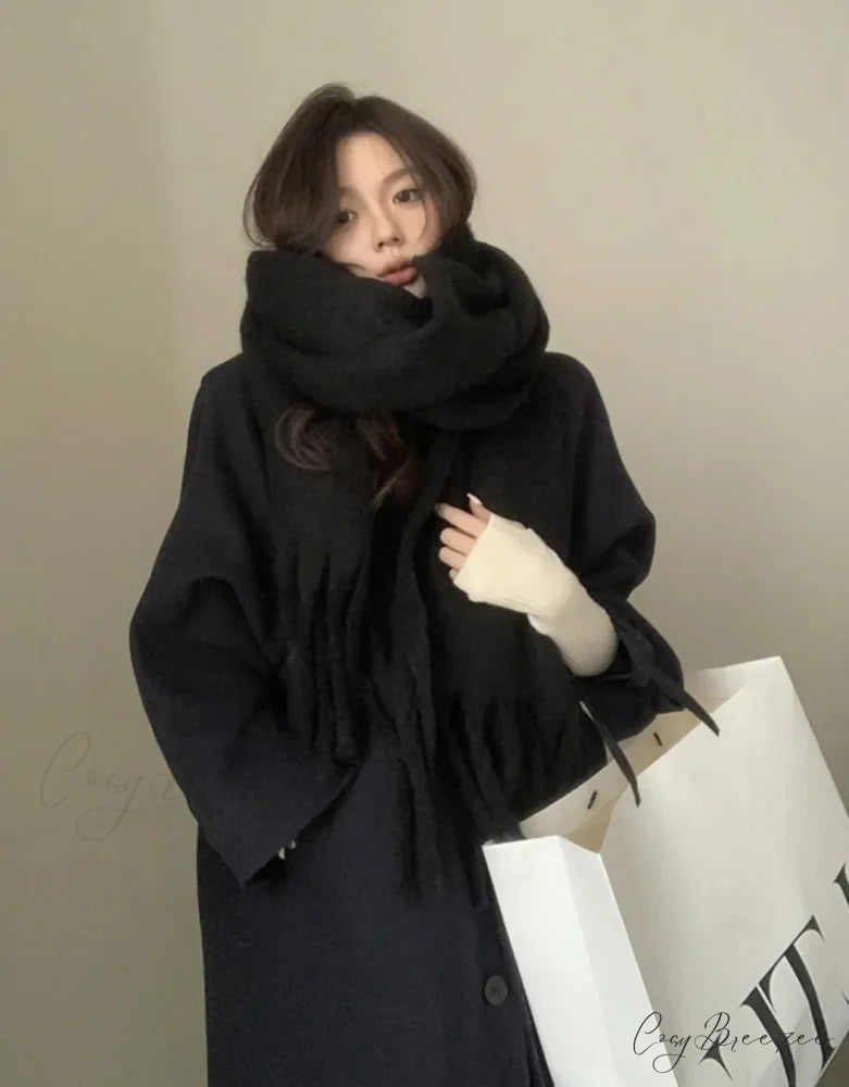 Mohair Winter Scarf - Solid Color Thickened Wool Fringed Solid color black