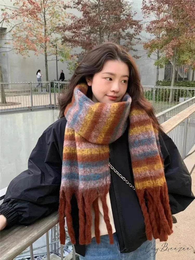Mohair Winter Scarf - Solid Color Thickened Wool Fringed C style coffee color