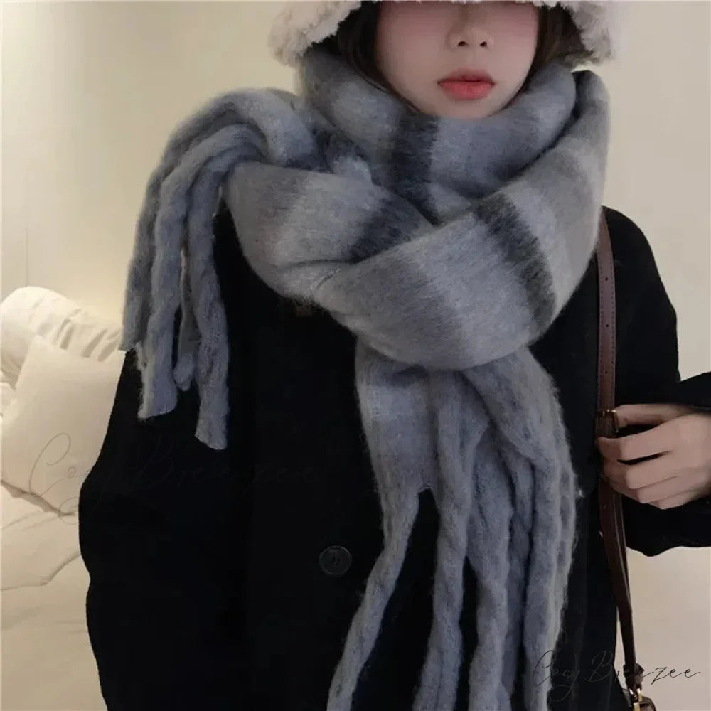 Mohair Winter Scarf - Solid Color Thickened Wool Fringed C style gray black