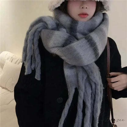 Mohair Winter Scarf - Solid Color Thickened Wool Fringed C style gray black