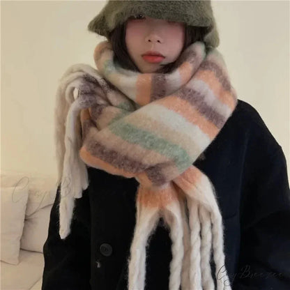 Mohair Winter Scarf - Solid Color Thickened Wool Fringed C style pink coffee