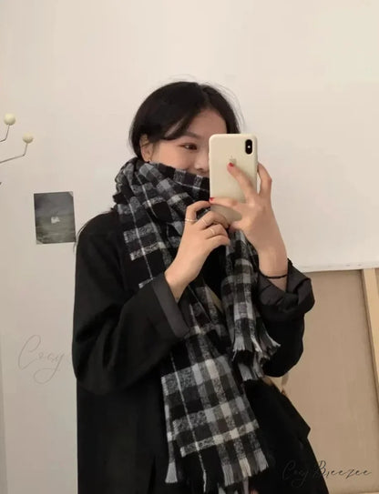 Mohair Winter Scarf - Solid Color Thickened Wool Fringed Couple plaid black