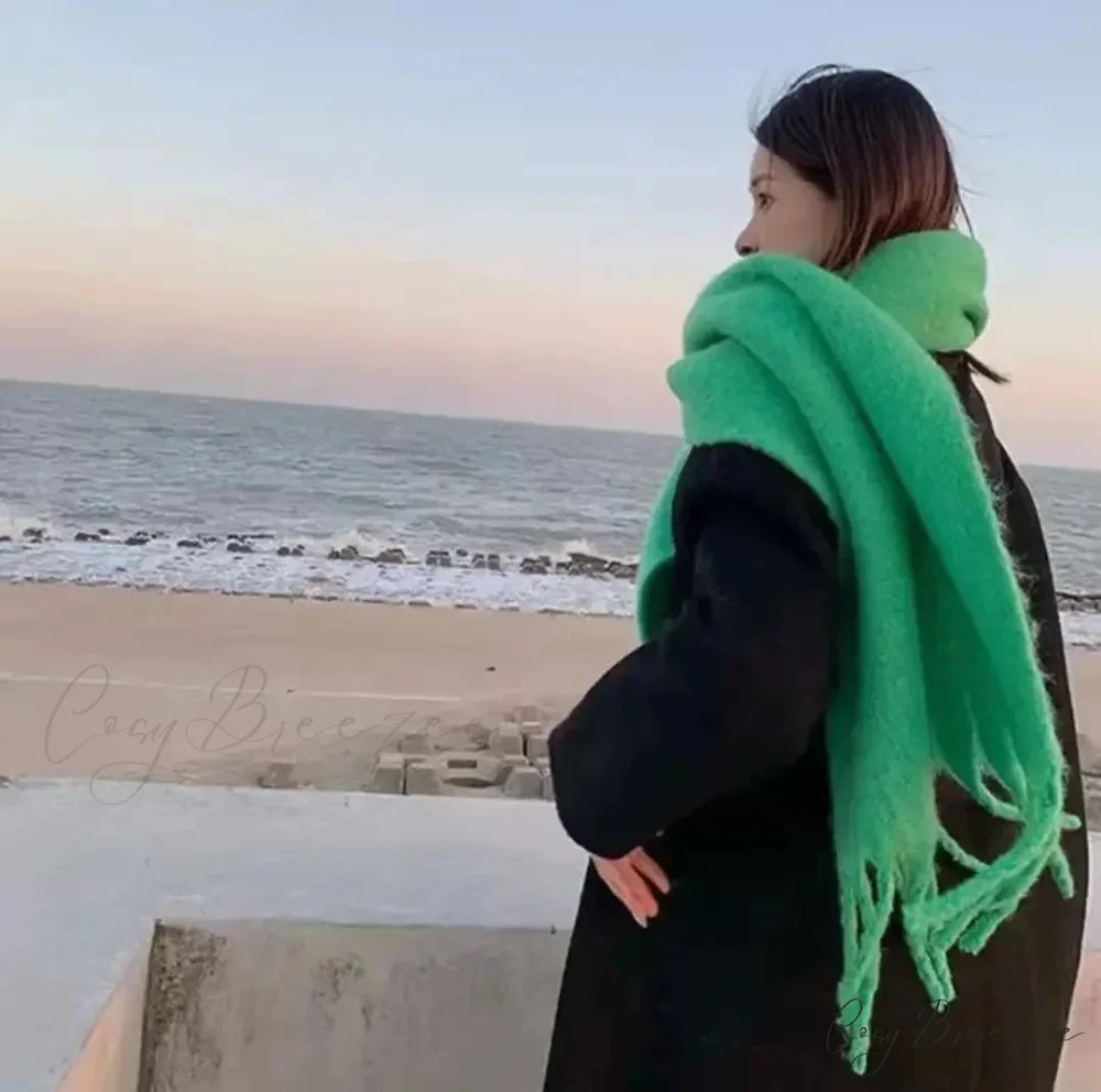 Mohair Winter Scarf - Solid Color Thickened Wool Fringed Solid color green