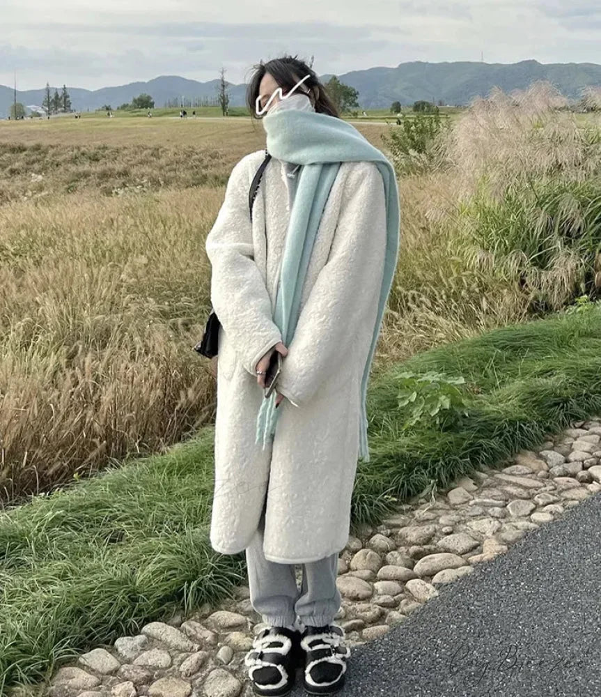 Mohair Winter Scarf - Solid Color Thickened Wool Fringed Light blue