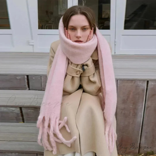 Mohair Winter Scarf - Solid Color Thickened Wool Fringed Solid color pink