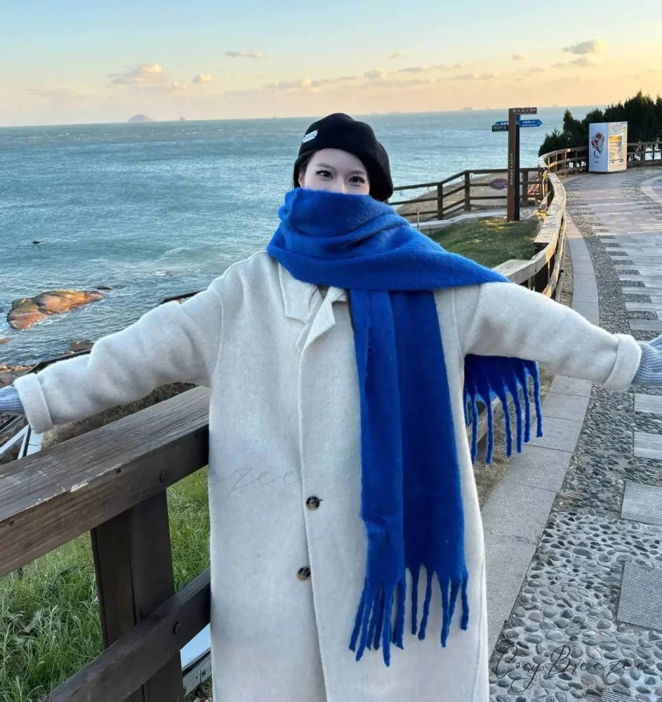 Mohair Winter Scarf - Solid Color Thickened Wool Fringed royal blue