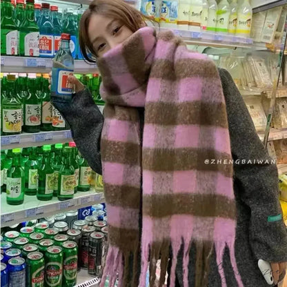 Mohair Winter Scarf - Solid Color Thickened Wool Fringed Same style pink.