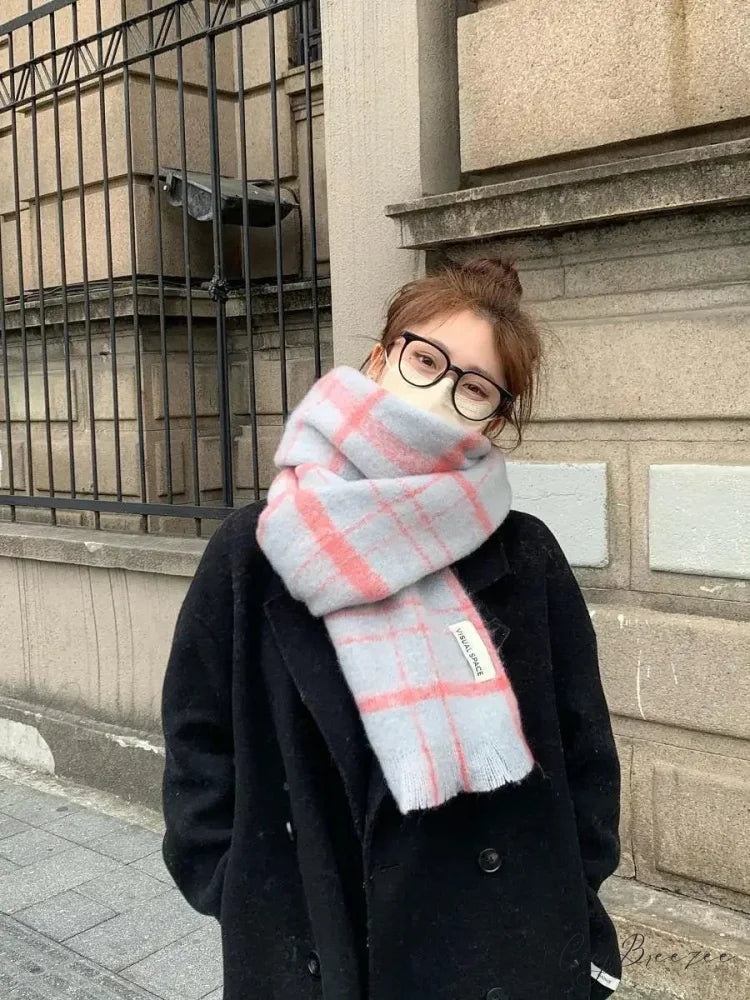 Mohair Winter Scarf - Solid Color Thickened Wool Fringed Style B gray pink.