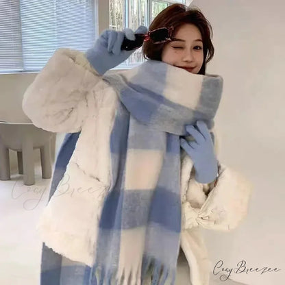 Mohair Winter Scarf - Solid Color Thickened Wool Fringed Type E blue