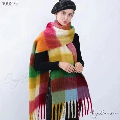Mohair Winter Scarf - Solid Color Thickened Wool Fringed Type E Color grid 01