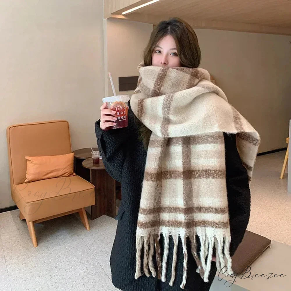 Mohair Winter Scarf - Solid Color Thickened Wool Fringed Type F Beige