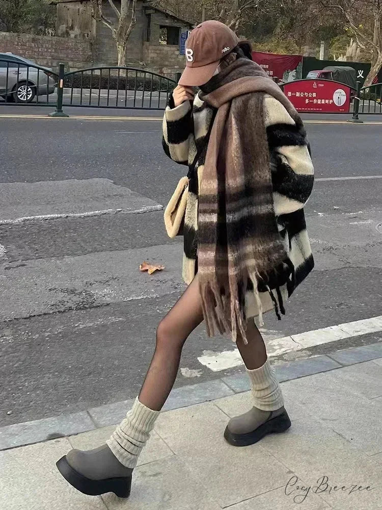 Mohair Winter Scarf - Solid Color Thickened Wool Fringed Type F coffee color